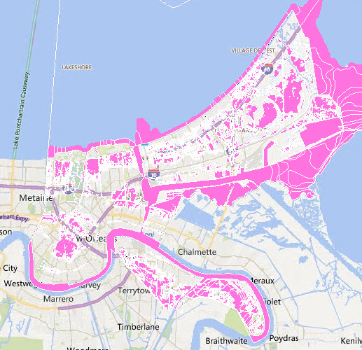 New Orleans areas with high propensity to flood